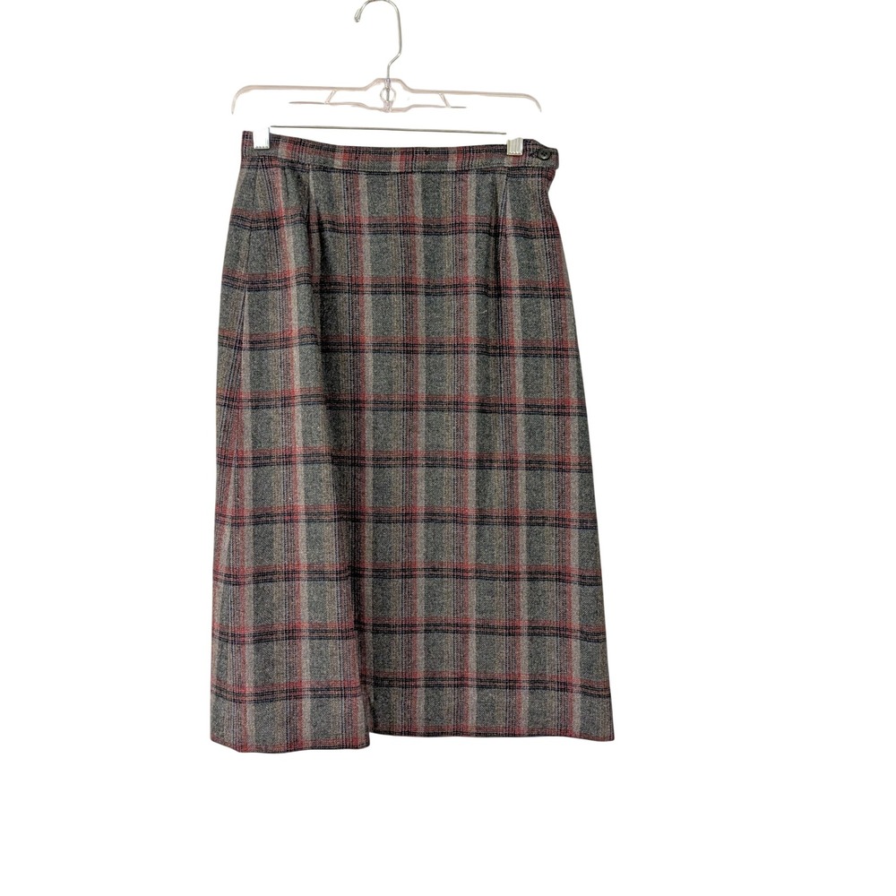Pendleton Plaid Skirt Womens 8 Grey Red Vintage Virgin Wool Midi A-Line USA